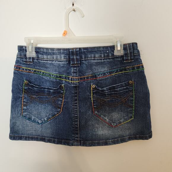 Y2K Denim Skirt Sz Medium Juniors Micro Mini Jean Rainbow Stitch Low Rise Blue - Picture 5 of 12